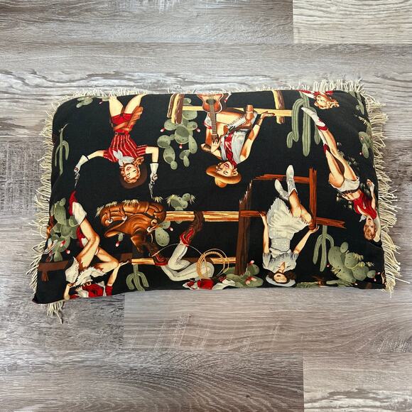 Handmade Western Cowgirl Pin-Up Pillow Black Fringe Novelty Vintage Style Decor - Picture 4 of 6